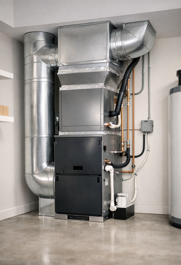 New HVAC Install Newly installed HVAC system, New Metal ductwork in a modern utility room.